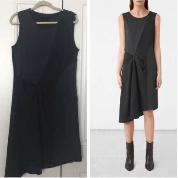 All Saints Fern Satin Asymmetrical Midi Black Dress Nwt